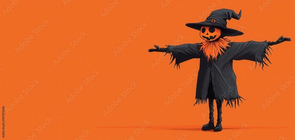 Fototapeta premium Black and orange Halloween sign with flat scarecrow, side view, festival theme, pastel cartoon illustration.