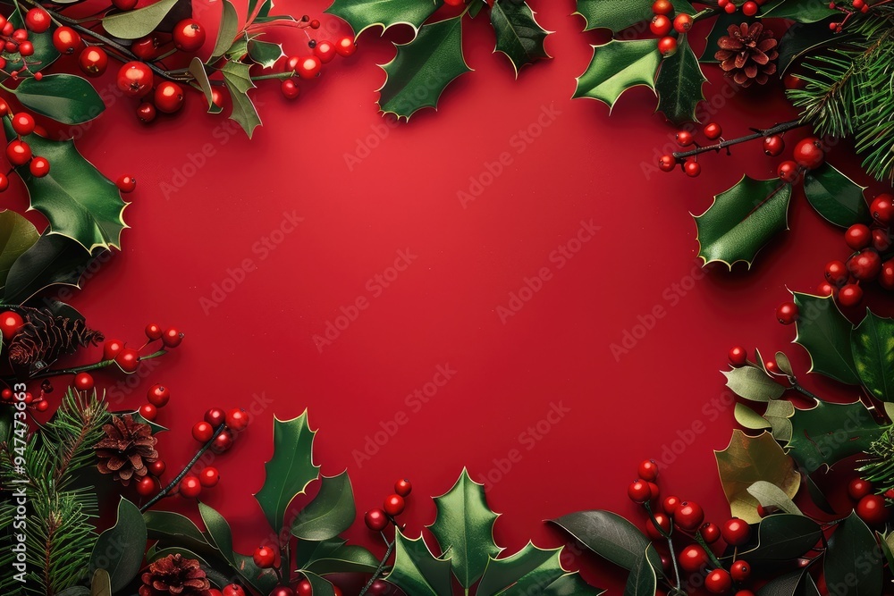 Classic red and green Christmas background with holly leaves and berries Classic red and green Christmas background with holly leaves and berries