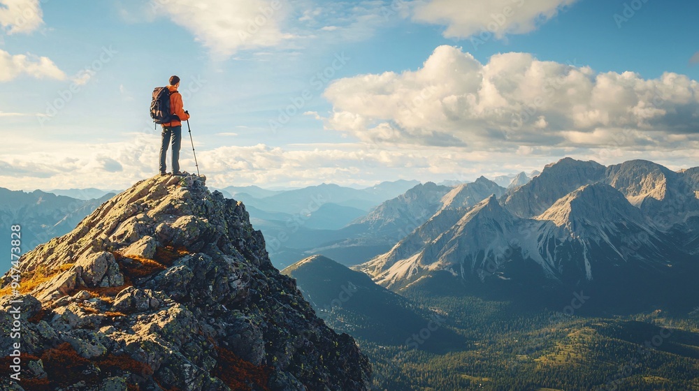 A resolute explorer conquers a rocky summit, marveling at the breathtaking expanse of the natural world. A resolute explorer conquers a rocky summit, marveling at the breathtaking expanse of the natural world.
