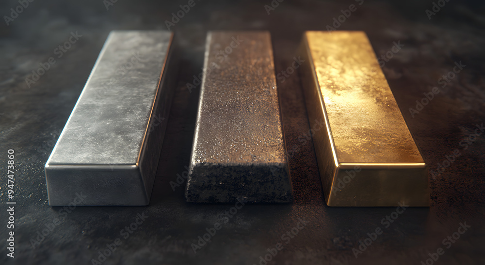 Three Different Metallic Bars—One Silver Bar, One Gold Bar, and One Copper Bar—Placed Side by Side, Representing Wealth, Investment, and the Diversity of Precious Metals, Ideal for Financial, Economic Three Different Metallic Bars—One Silver Bar, One Gold Bar, and One Copper Bar—Placed Side by Side, Representing Wealth, Investment, and the Diversity of Precious Metals, Ideal for Financial, Economic