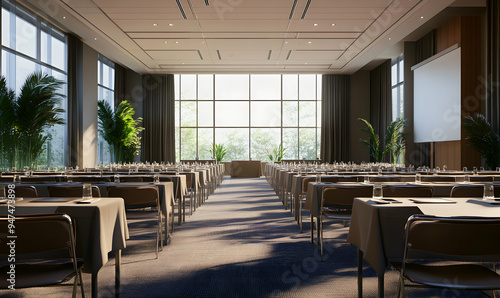 A spacious conference room with large windows, a projector screen, and rows of tables and chairs.