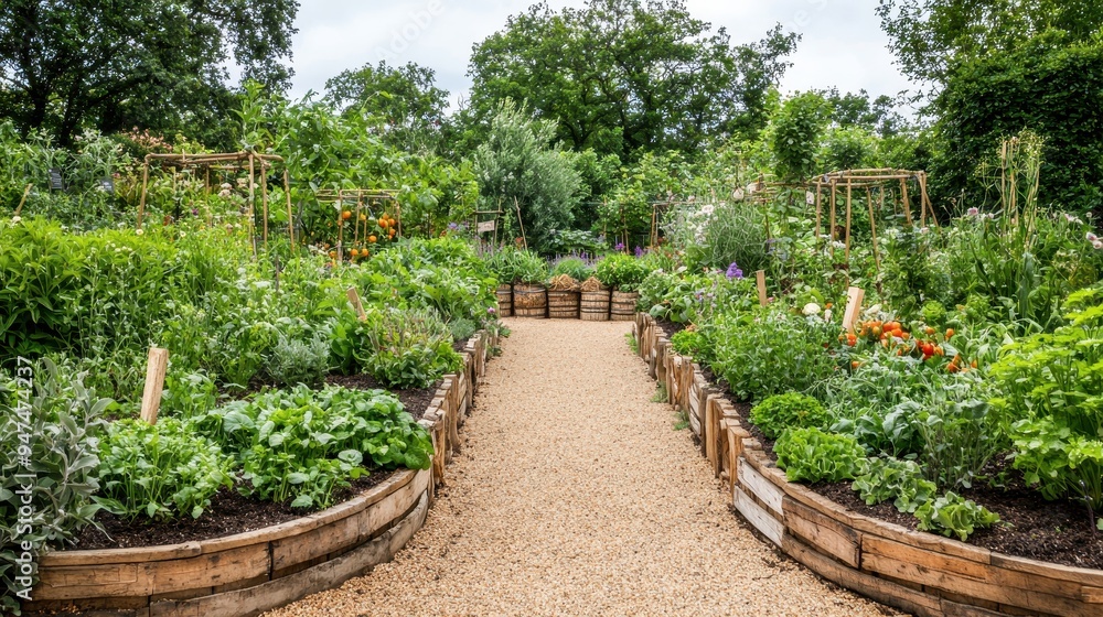 Beautiful Garden Path with Raised Beds and Green Plants Beautiful Garden Path with Raised Beds and Green Plants