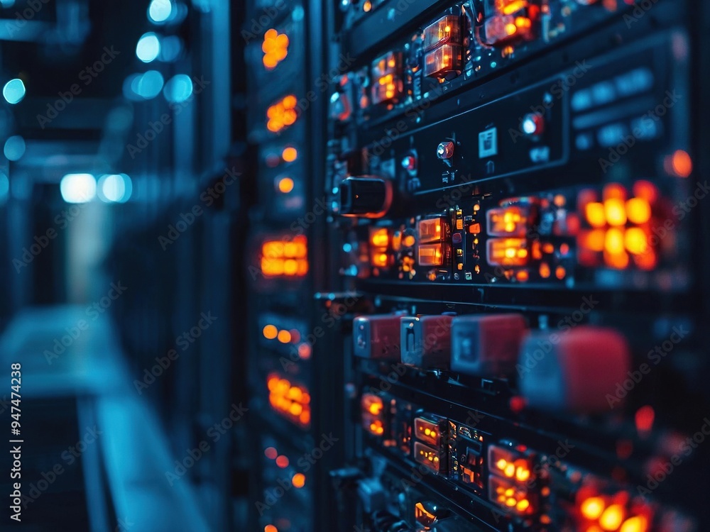 Naklejka premium Close-up of a server rack in a data center with blinking lights, glowing with orange and blue light.