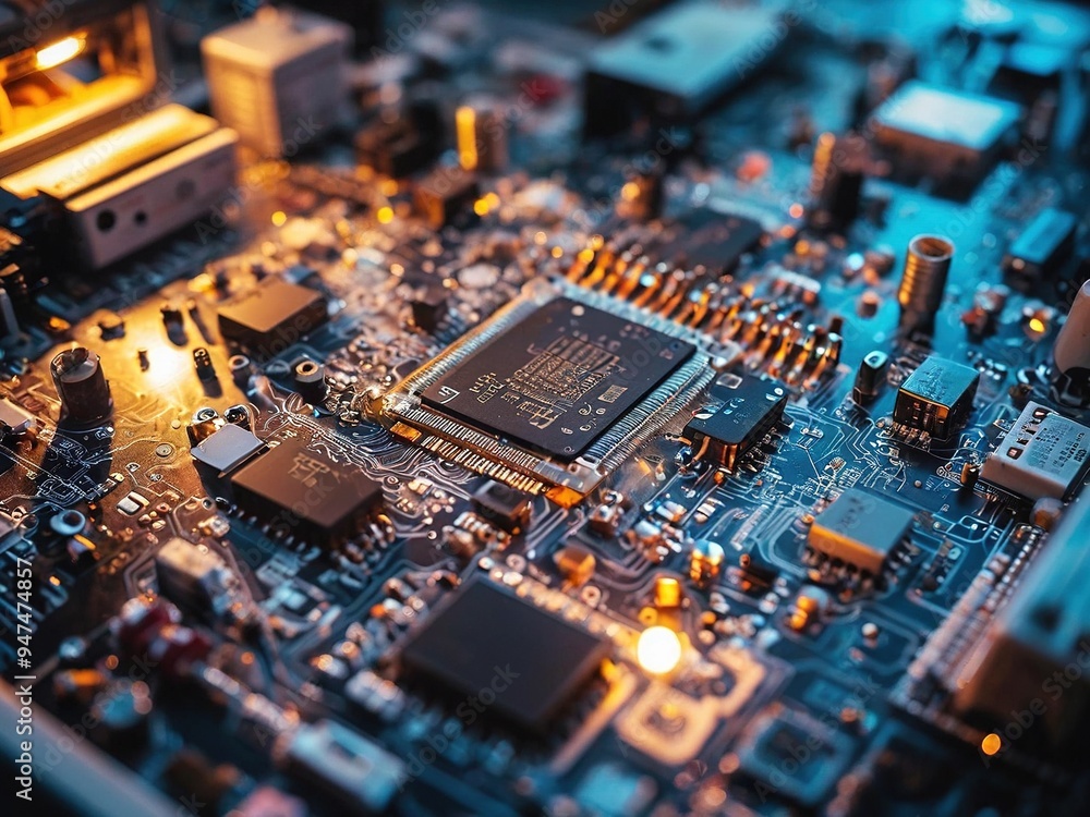 Close-up shot of a circuit board with a processor chip in the center. The board is lit by warm light and has a blue and orange hue. Close-up shot of a circuit board with a processor chip in the center. The board is lit by warm light and has a blue and orange hue.