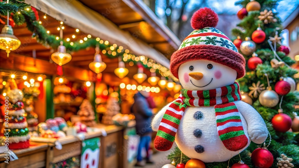 Fototapeta premium Snowman Toy Decoration at Christmas Market with Large Empty Space for Text. Perfect for: Christmas, Winter Markets, Holiday Decor