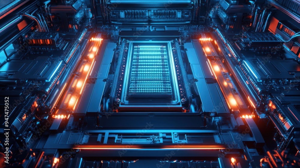 Obraz premium A computer chip is shown in a blue and orange color scheme