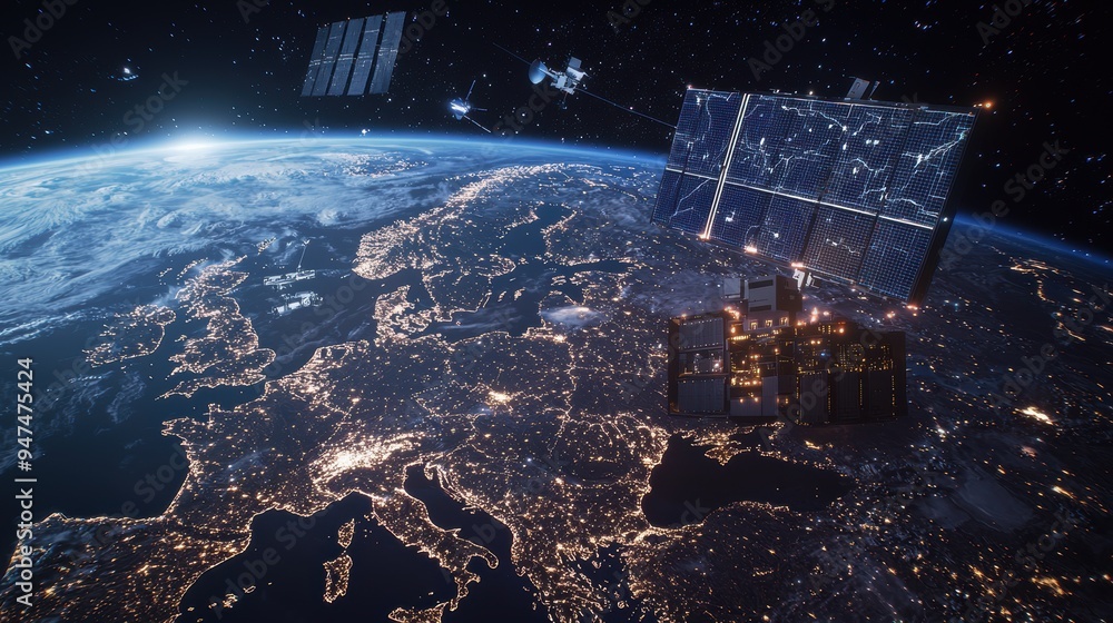 Space Station Orbiting Earth with City Lights of Europe Space Station Orbiting Earth with City Lights of Europe