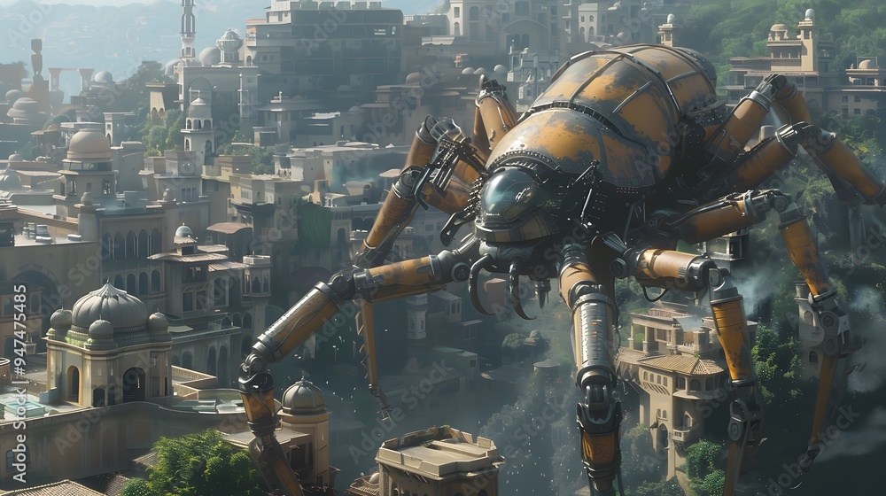 Giant Mech Spider over City. Giant Mech Spider over City.