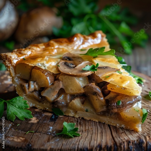 Mushroom Pie Closeup, Cake Stuffed with Mushrooms and Potatoes, Slice of Champignon Pie photo