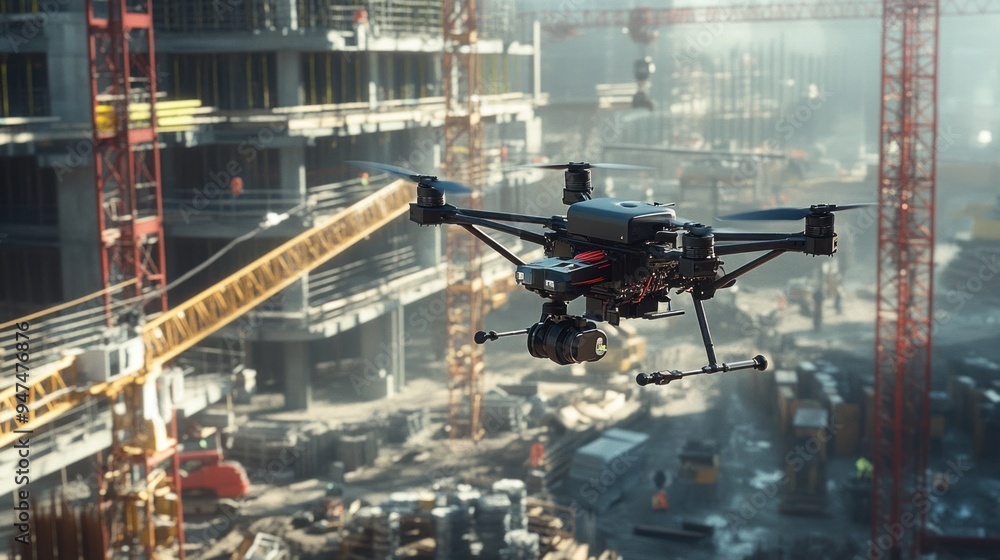 A construction site with a drone flying over it A construction site with a drone flying over it