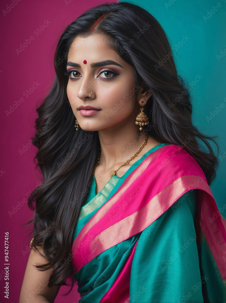 Fototapeta premium Woman in vibrant pink and teal saree with flowing hair 