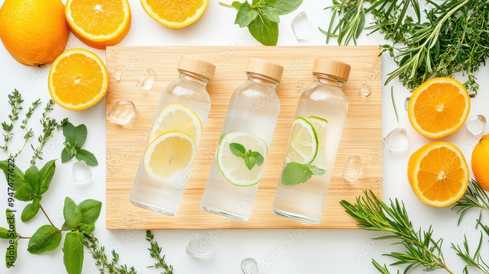 Refreshing Detox Water with Citrus and Herbs on White Background Refreshing Detox Water with Citrus and Herbs on White Background