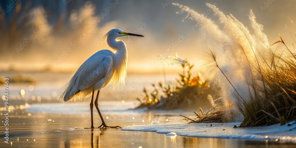 Naklejka premium Misty dawn air wraps the shoreline where a Little Egret stands serene, its feathers glistening with dew, shadows highlighting its ethereal beauty amidst weathered woods and grasses.