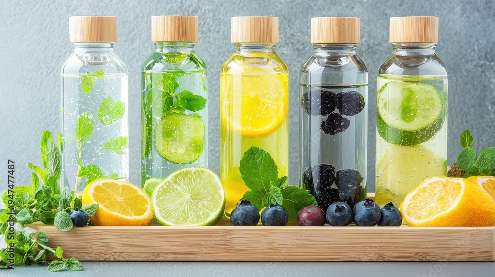 Refreshing Detox Water with Fruit and Herbs in Glass Bottles Refreshing Detox Water with Fruit and Herbs in Glass Bottles