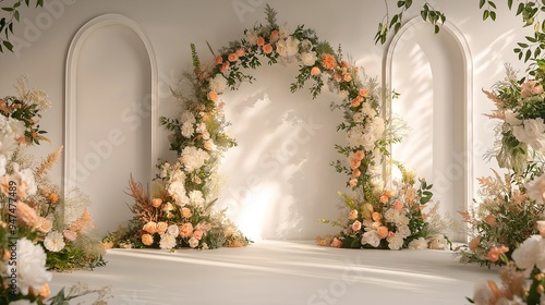 Romantic Wedding Archway with Floral Decorations on Solid Colored Wall for Elegant Ceremony Backdrop and Event Poster Design