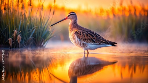 Misty wetlands fade into dawn as a Hudsonian Godwit emerges, its dramatic silhouette sharp against dark reeds, captured in moody, ethereal detail. photo