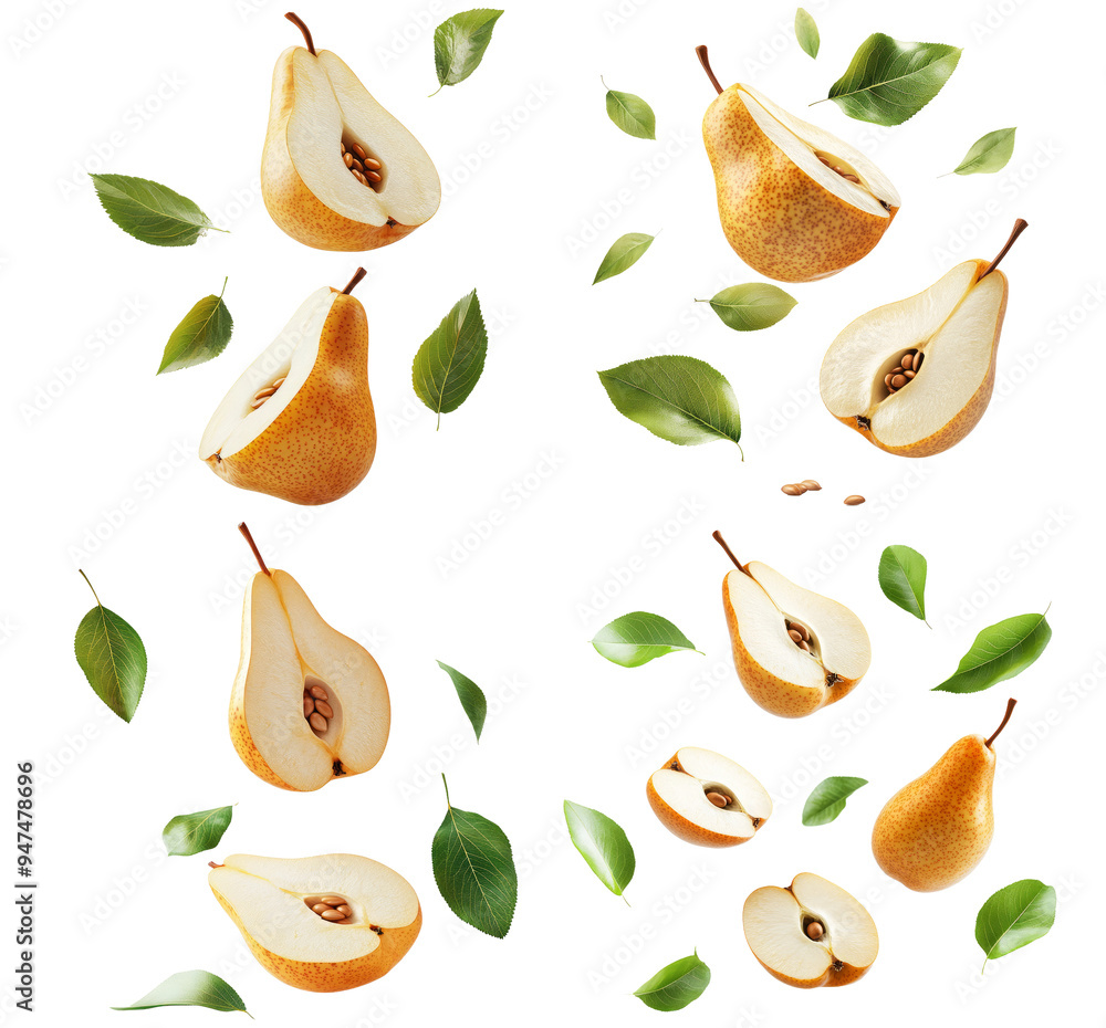 Pears with seeds and green leaves scattered isolated on transparent background Pears with seeds and green leaves scattered isolated on transparent background