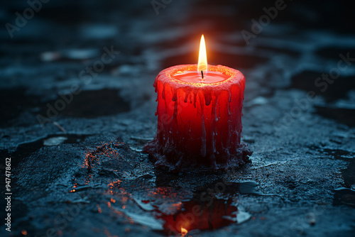 Red burning and melting candle on dark background, halloween gothic scary atmosphere with copy space.