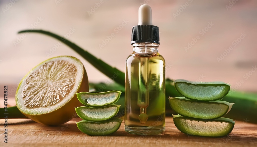 Natural Skincare: Aloe Vera Extract with Fresh Leaves and Sliced Fruit on Wood Natural Skincare: Aloe Vera Extract with Fresh Leaves and Sliced Fruit on Wood