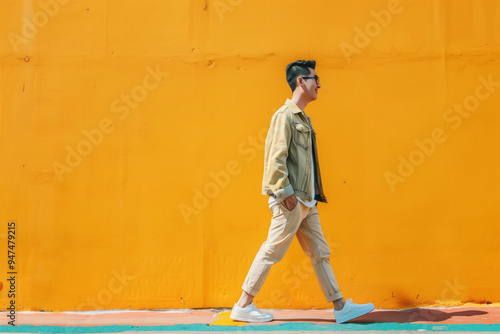 A young Asian man walks along the sidewalk against the background of a bright wall. AI generative photo