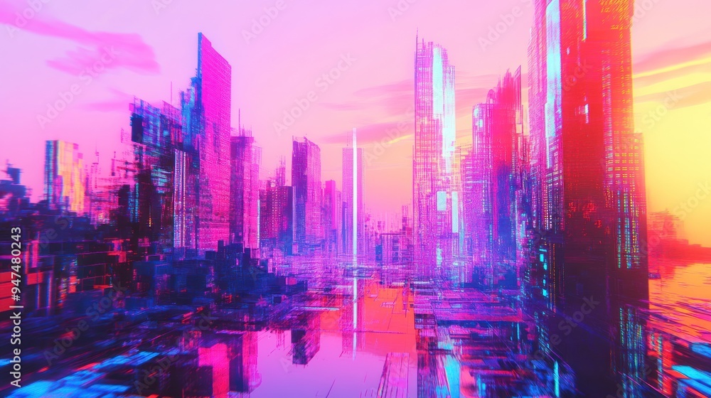 Obraz premium Neon Cityscape at Sunset