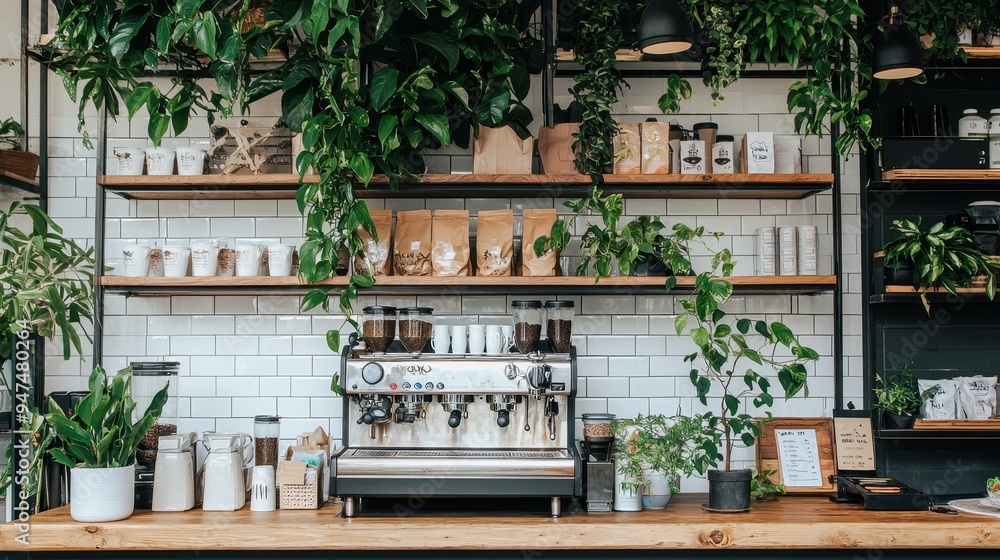 Modern Coffee Shop Interior with Espresso Machine and Greenery Modern Coffee Shop Interior with Espresso Machine and Greenery