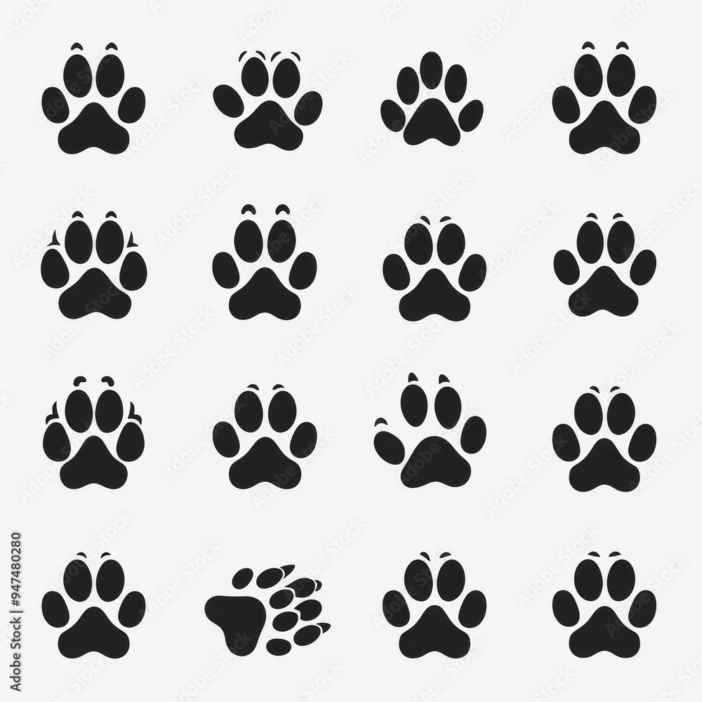 Paw footprint icon, animal foot print, dog step, wolf trail, bear trace silhouette, paw footprint on white Paw footprint icon, animal foot print, dog step, wolf trail, bear trace silhouette, paw footprint on white