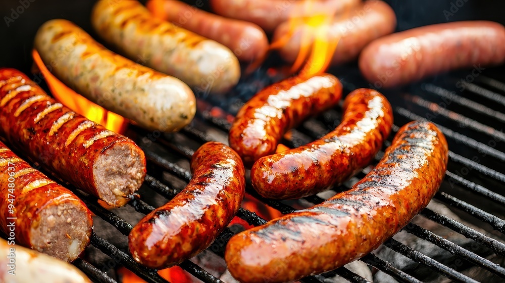 Closeup of Grilled Sausages on BBQ Grill Closeup of Grilled Sausages on BBQ Grill