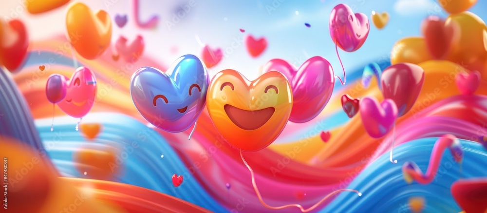 A collection of heart emojis amidst an abstract wave of bright colors and playful shapes, evoking a joyful atmosphere. A collection of heart emojis amidst an abstract wave of bright colors and playful shapes, evoking a joyful atmosphere.