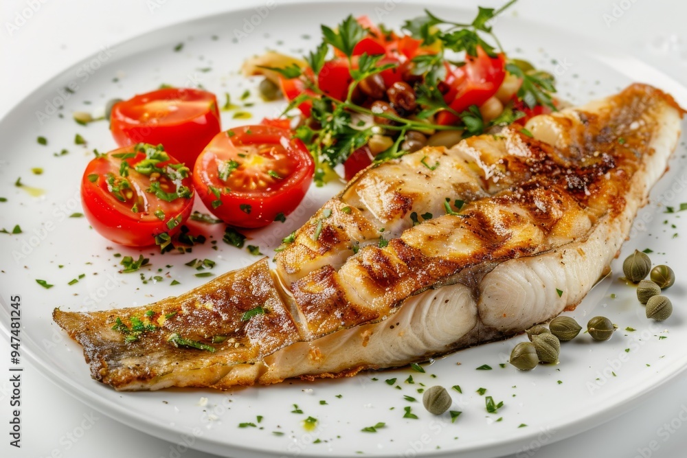 Pike perch, fried sander fish, zander fillet with tomatoes, capers. Barbecue pike meat on white Pike perch, fried sander fish, zander fillet with tomatoes, capers. Barbecue pike meat on white