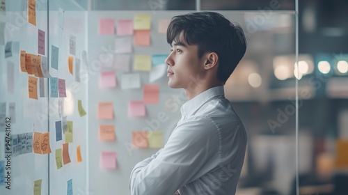 An Asian man stands with her arms crossed, focused on a brainstorming session in a modern office. Colorful sticky notes cover the background, highlighting a creative and strategic planning process