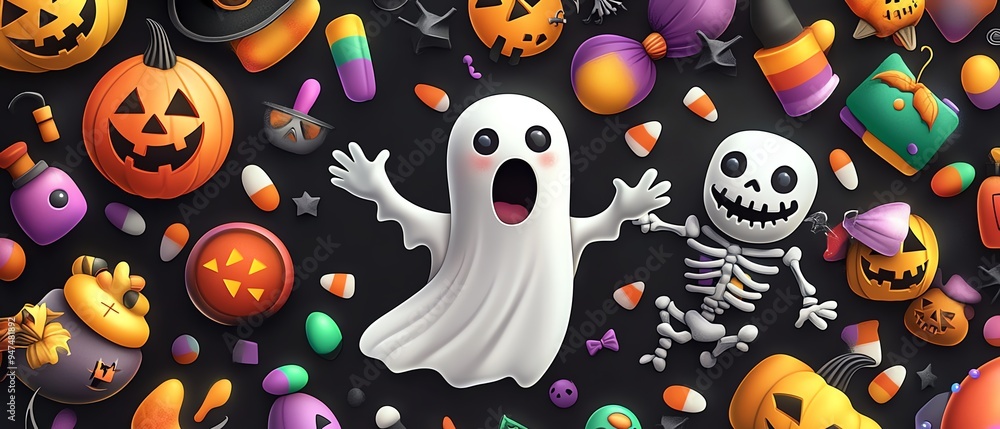 Vibrant Halloween scene featuring a playful ghost, skeleton, and festive decorations like pumpkins and candies. Vibrant Halloween scene featuring a playful ghost, skeleton, and festive decorations like pumpkins and candies.