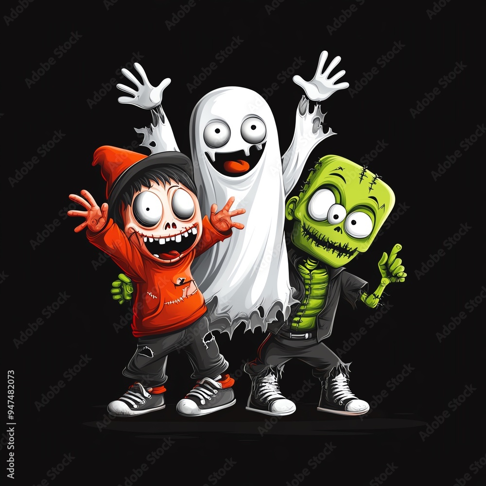 Playful cartoon characters celebrating Halloween with a ghost, zombie, and monster, perfect for spooky designs and events. Playful cartoon characters celebrating Halloween with a ghost, zombie, and monster, perfect for spooky designs and events.