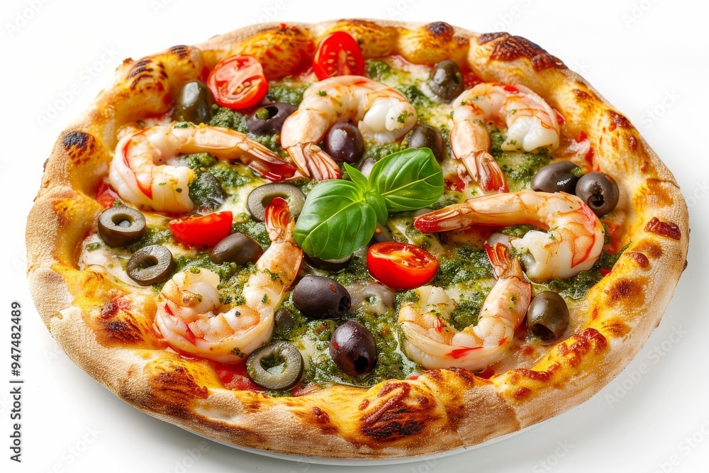 Pizza with Shrimps, Kalamata Olives, Pesto, Mozzarella Cheese, Basil, Cherry Tomatoes and Chili Pizza with Shrimps, Kalamata Olives, Pesto, Mozzarella Cheese, Basil, Cherry Tomatoes and Chili