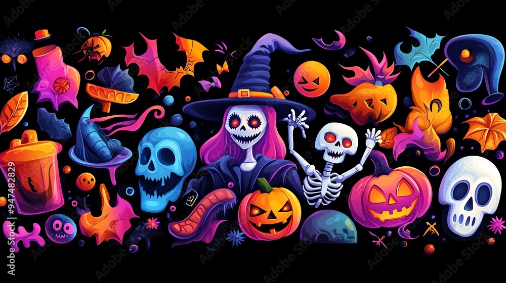 Vibrant Halloween-themed illustration featuring witches, pumpkins, skeletons, and spooky elements for festive decoration. Vibrant Halloween-themed illustration featuring witches, pumpkins, skeletons, and spooky elements for festive decoration.