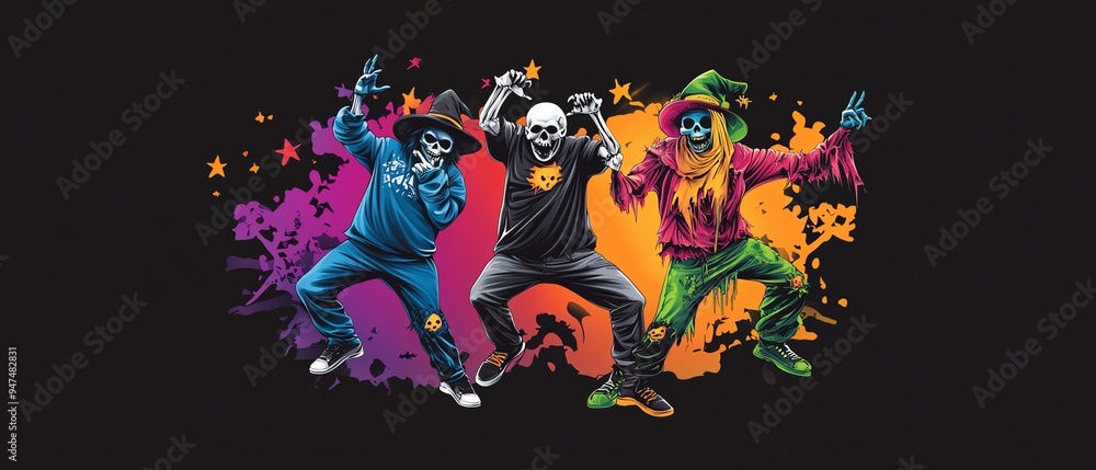 Vibrant skeleton figures in colorful outfits celebrate with energetic dance moves against a bold backdrop. Vibrant skeleton figures in colorful outfits celebrate with energetic dance moves against a bold backdrop.