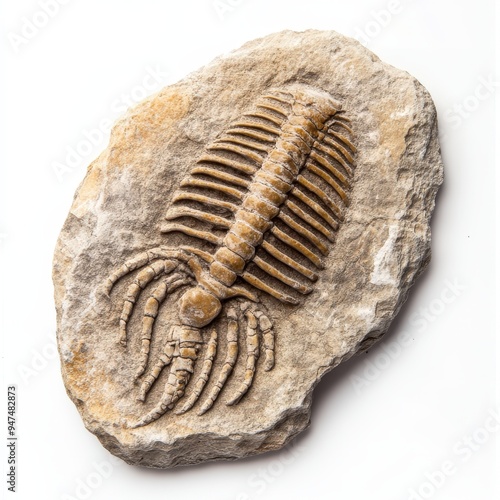 Close-up of Phacopida Fossil from the Cambrian Period on Textured Stone, Highlighting Intricate Fossilization Patterns. photo