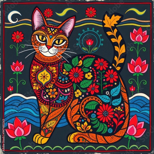 Pattern with cat, Abstract painting, cat pattern, flower ornament pattern.seamless pattern with cat and flowers