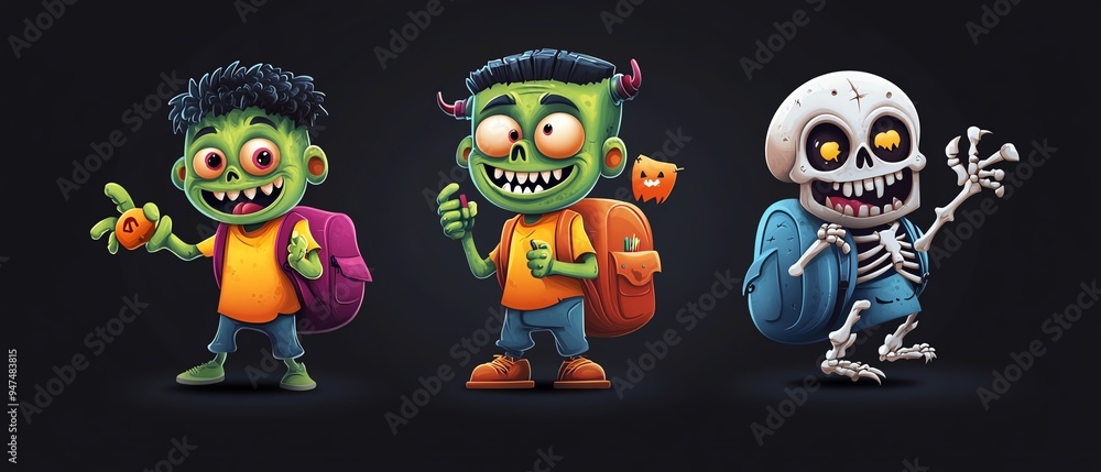 A vibrant trio of cartoon monsters and a skeleton, perfect for Halloween or children's party themes. Fun characters with backpacks. A vibrant trio of cartoon monsters and a skeleton, perfect for Halloween or children's party themes. Fun characters with backpacks.