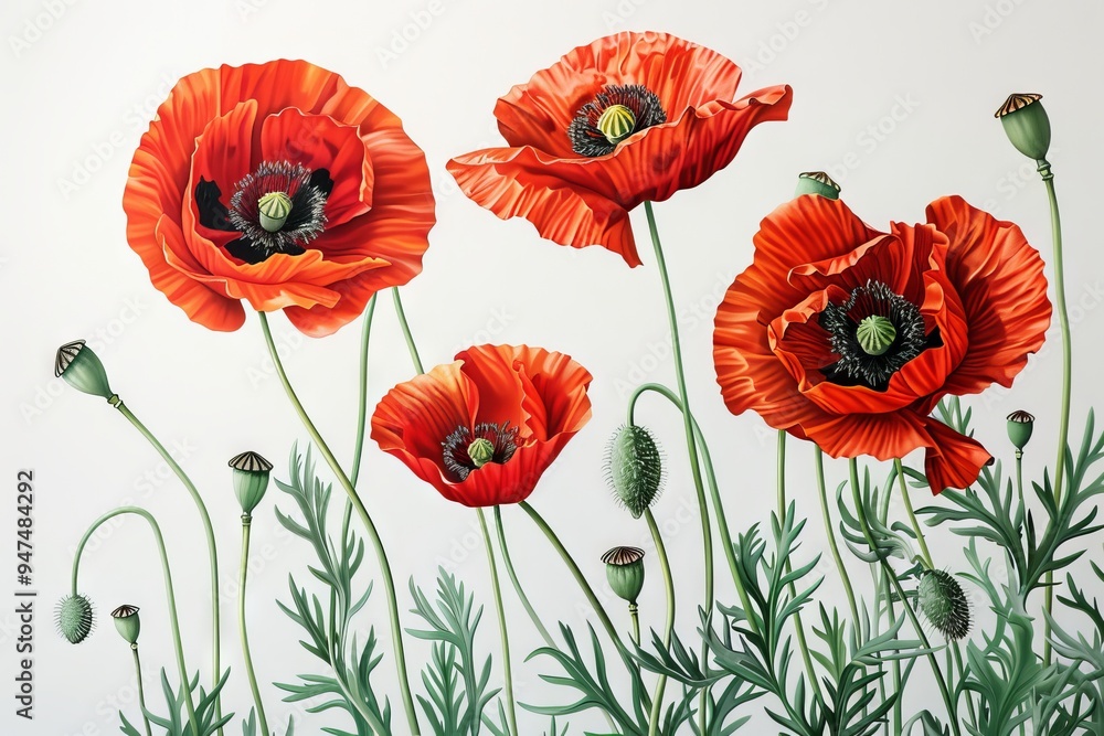Obraz premium Poppy Flower Botanical Illustration, Wild Red Flowers Realistic Painting, Poppy Drawing