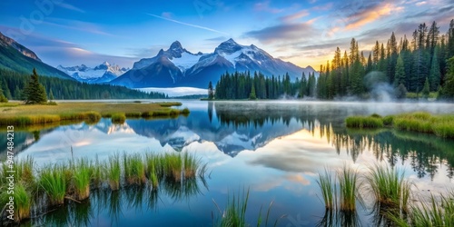 Snow-capped peaks reflect serenely in the glacial lake, framed by reeds and pines, as dawn mist dances across the landscape, capturing moments of tranquility in soft, misty hues. photo