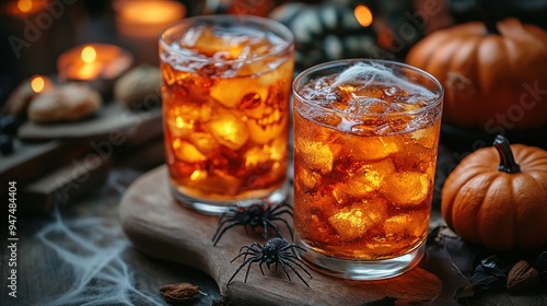 Halloween Cocktails with Pumpkins and Spiders