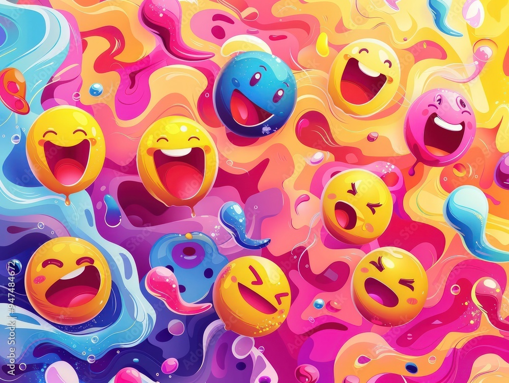 A collection of cute emoji faces on an abstract background of swirling, bright colors and playful shapes. A collection of cute emoji faces on an abstract background of swirling, bright colors and playful shapes.