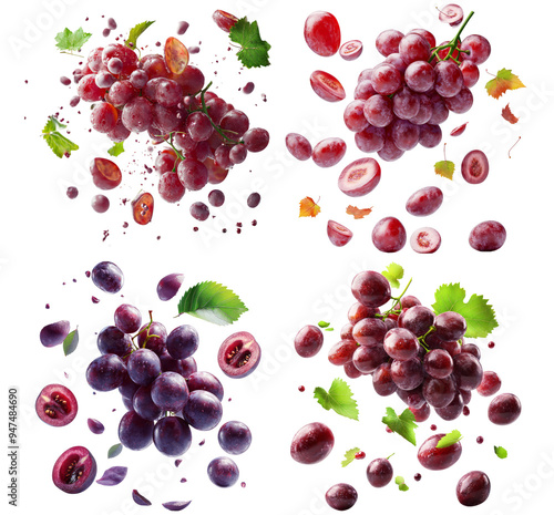 Purple and red grape clusters with seeds and green leaves scattered isolated on transparent background