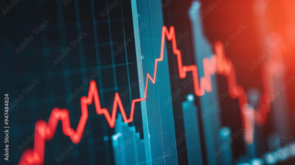 Close-up of a fluctuating stock market graph with red and blue light effects, representing financial analysis and market trends. Close-up of a fluctuating stock market graph with red and blue light effects, representing financial analysis and market trends.