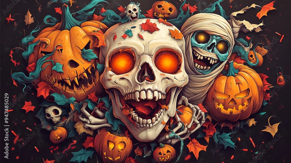 A vibrant Halloween scene featuring a spooky skull, pumpkins, and a playful mummy surrounded by autumn leaves. A vibrant Halloween scene featuring a spooky skull, pumpkins, and a playful mummy surrounded by autumn leaves.