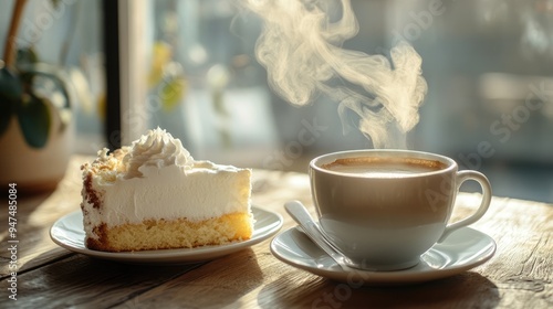 A Cup of Coffee and Slice of Cake on a Wooden Table