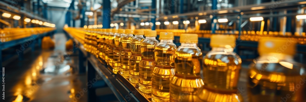 Fototapeta premium Edible Oils Production Line, Food Industry, Working on Automated Production Lines in Edible Oils Factory