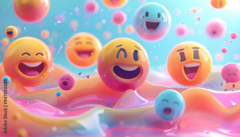 A collection of cute emoji faces on an abstract background of dynamic forms and pastel hues. A collection of cute emoji faces on an abstract background of dynamic forms and pastel hues.