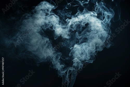 Realistic Smoke Heart on Dark Background, Steam Love Symbol, Cloud Transparent Valentine Silhouette